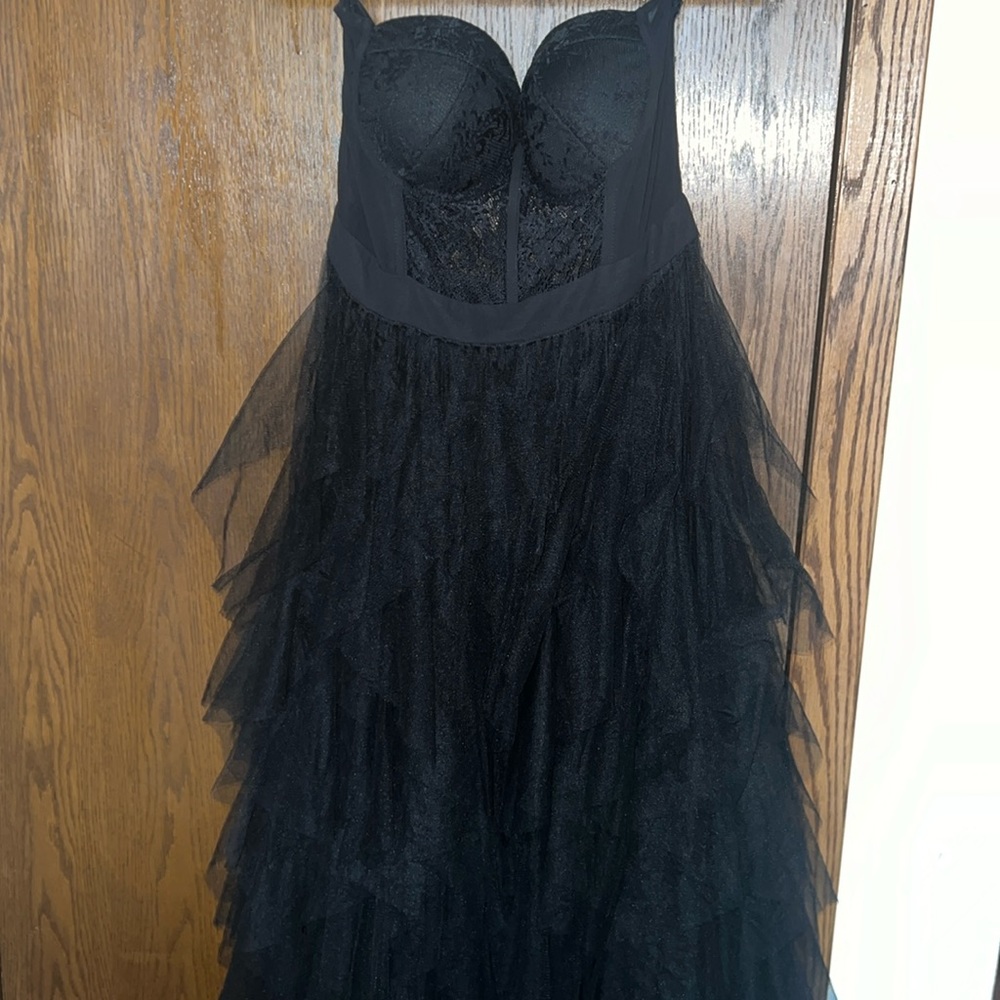 Cute black, long, see-through lace strapless dress